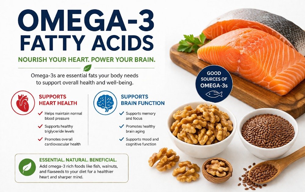 Omega-3 fatty acids supporting heart health and brain function with foods like fish, walnuts, and flaxseeds on a clean background.