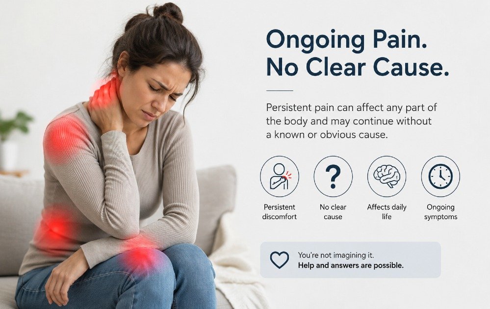 Person experiencing ongoing or unexplained pain, highlighting persistent discomfort with no clear cause.