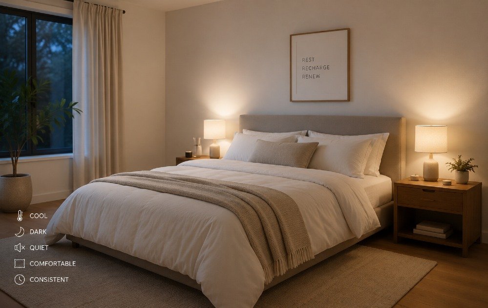 Minimal, calm bedroom setup designed to optimize sleep quality with soft lighting, clean bedding, and a clutter-free environment.
