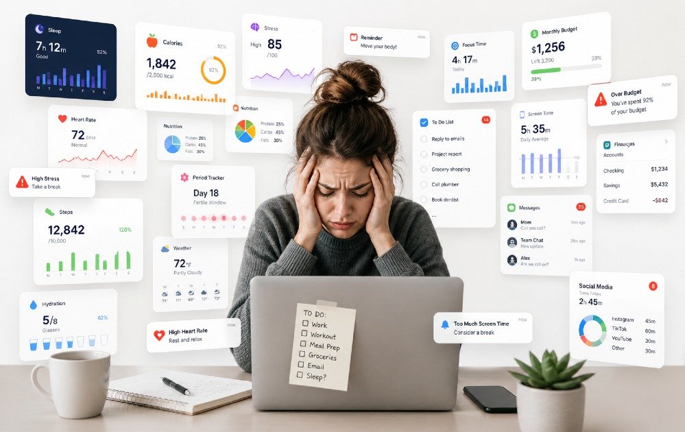 Person overwhelmed by multiple digital dashboards and tracking apps symbolizing over-tracking everything in daily life