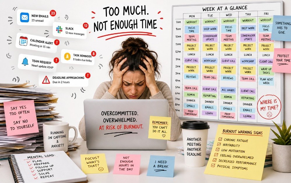 Person overwhelmed by too many task reminders and a crowded schedule representing overcommitting time and burnout risk.