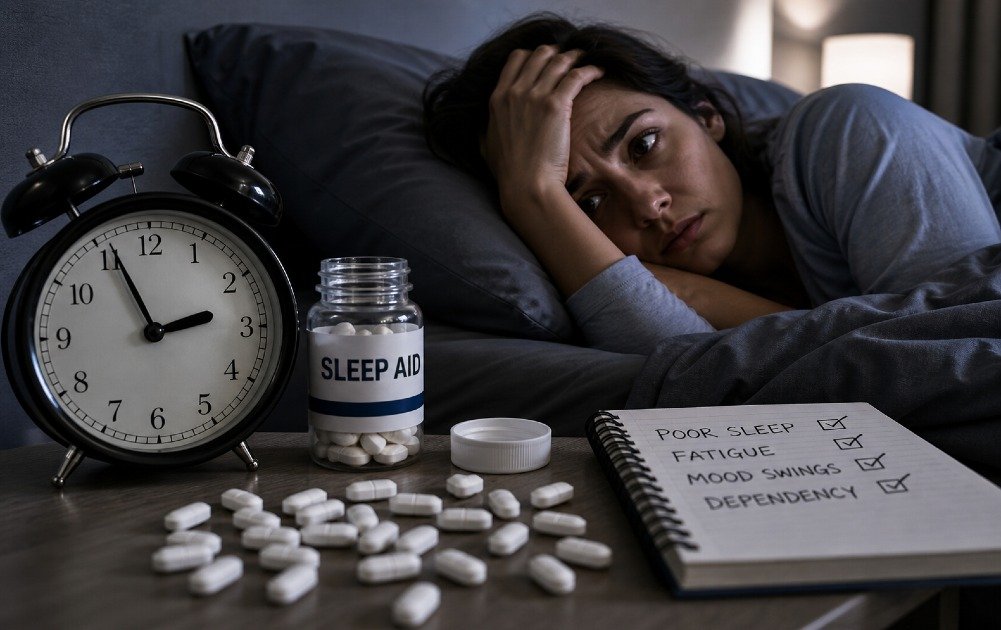 Person struggling with sleep beside scattered sleep aid pills and an alarm clock, symbolizing dependency and disrupted sleep patterns.
