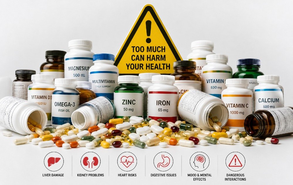 Too many supplement bottles and pills scattered, representing risks of overusing dietary supplements