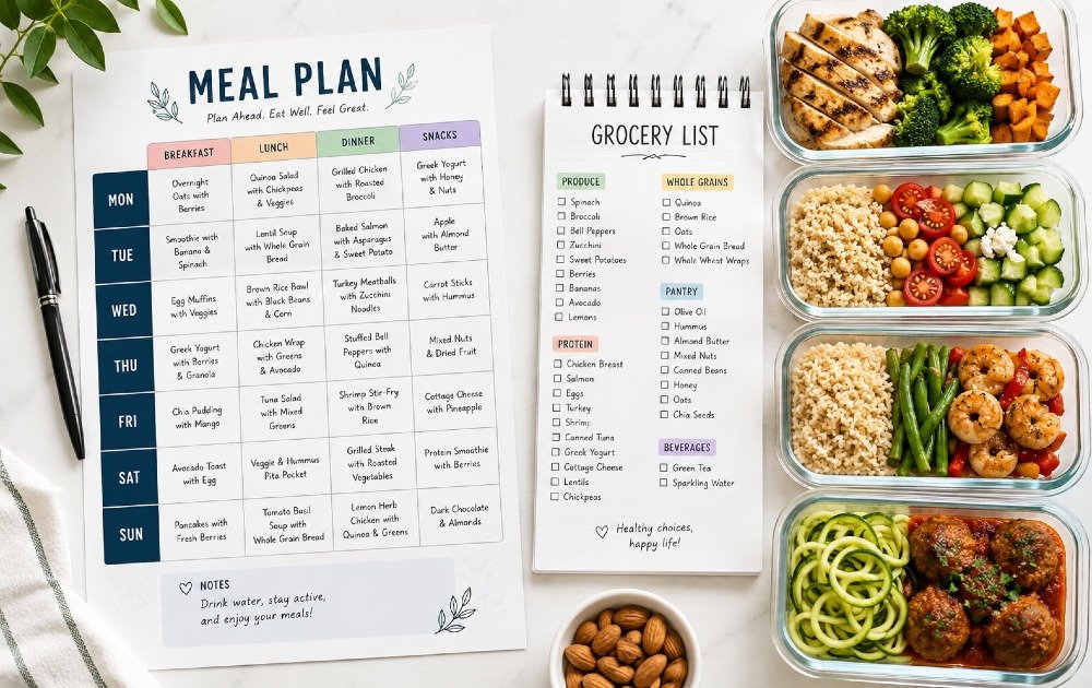 Meal planning layout featuring a weekly calendar, grocery list, and prepared food containers for organized healthy eating.