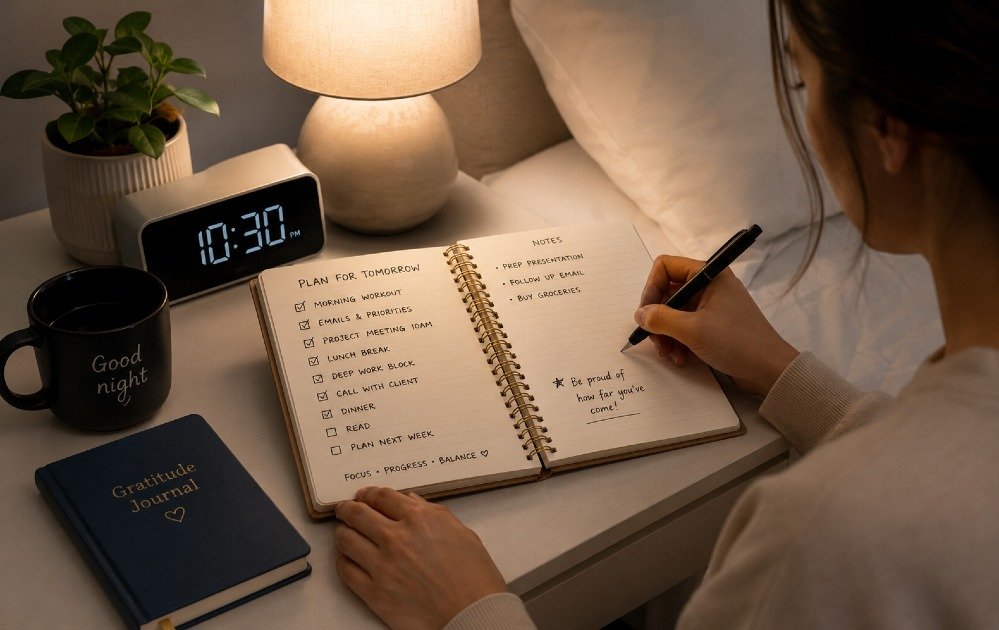 Person reviewing and organizing next day’s tasks in a planner before going to bed