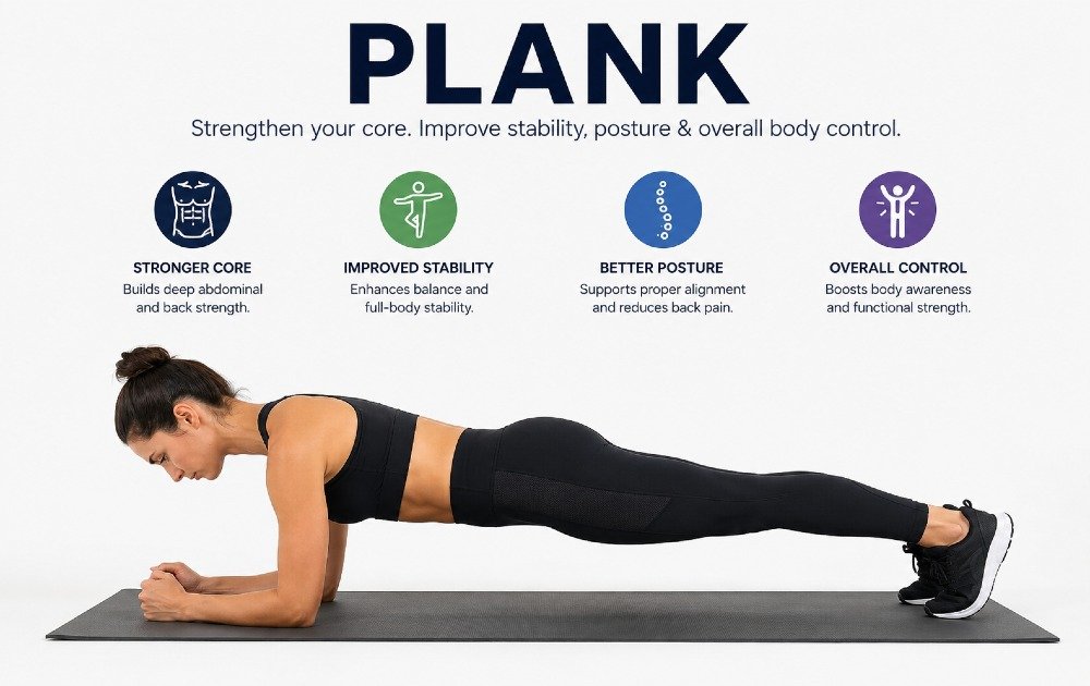 Plank exercise strengthening the core to improve stability, posture, and overall body control.