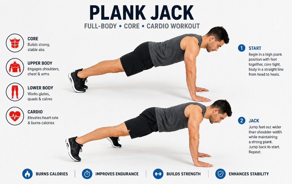 Person performing a plank jack exercise, engaging core and full-body muscles in a controlled cardio-strength workout.