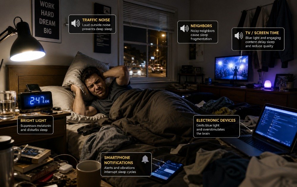 Cluttered bedroom with harsh lighting, noise sources, and electronic devices disrupting sleep quality.