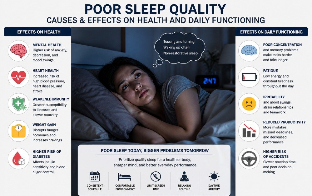 Person lying awake in bed at night, highlighting the effects of poor sleep quality on health and daily functioning.