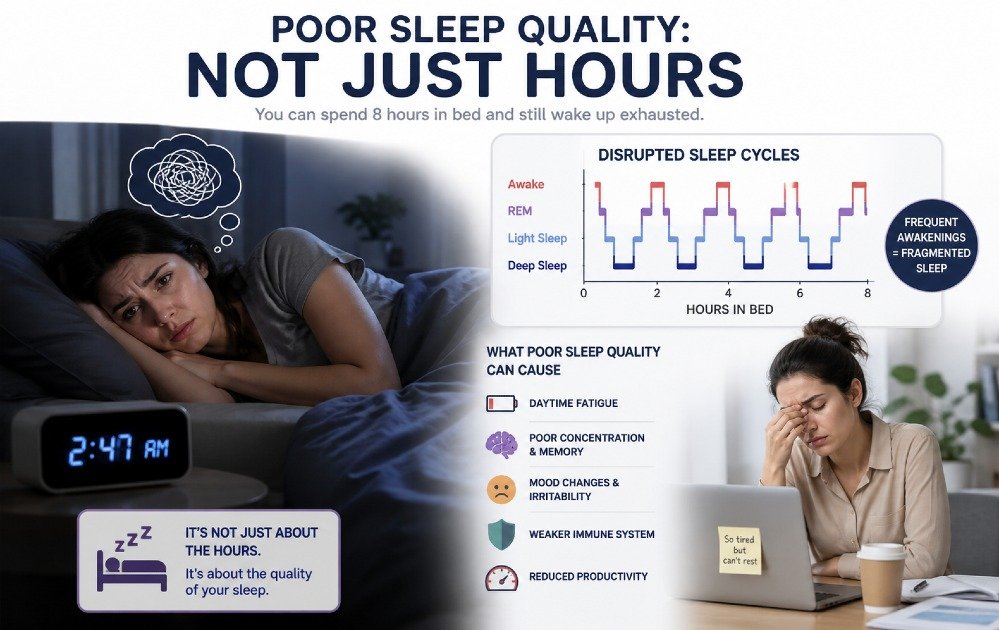 Illustration of poor sleep quality showing disrupted sleep cycles, restlessness, and fatigue despite sufficient hours in bed.