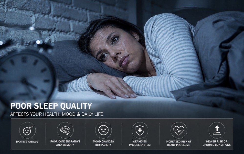 Tired person lying awake in bed at night, showing signs of poor sleep quality and restlessness.