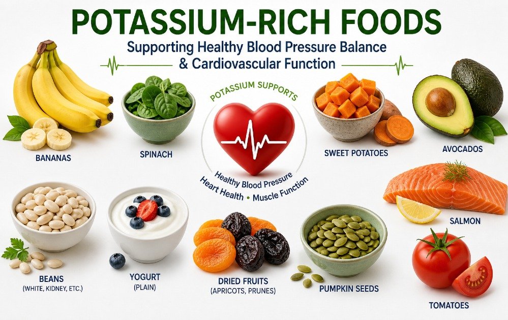 Potassium-rich foods supporting healthy blood pressure balance and cardiovascular function.