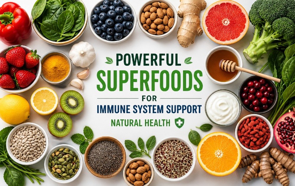 Colorful arrangement of nutrient-rich superfoods that naturally support and strengthen the immune system.