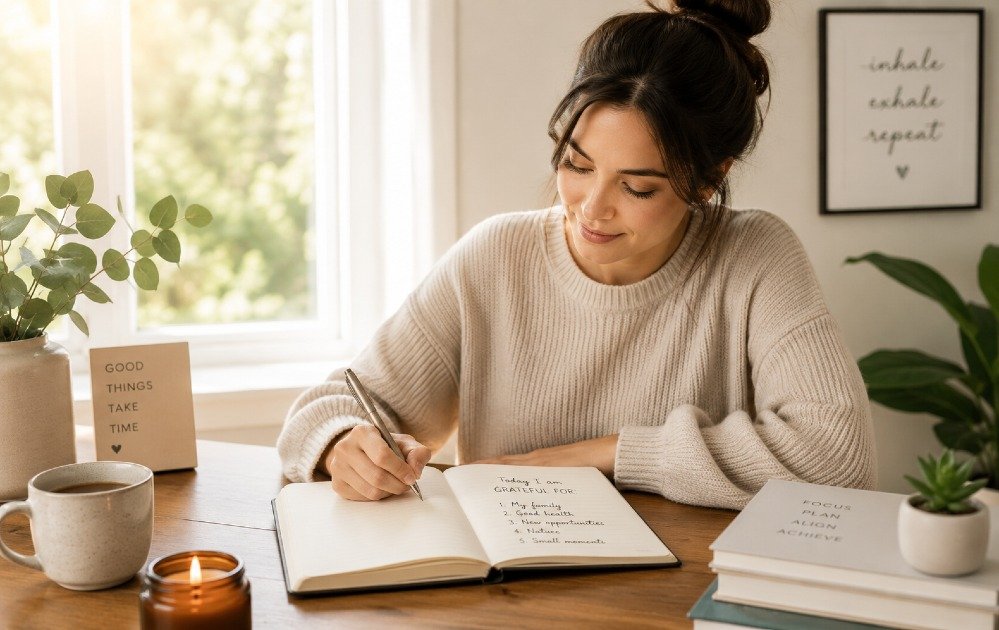 Person writing in a journal during a calm morning gratitude ritual