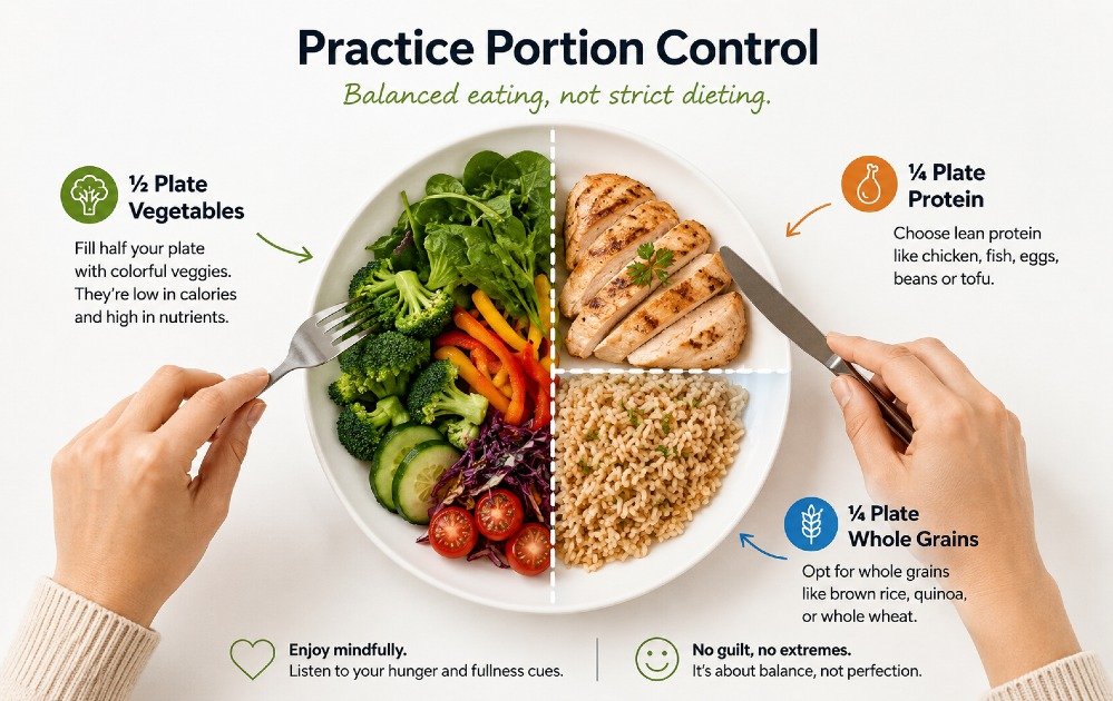 Person using portion control by dividing a balanced meal on a plate without strict dieting