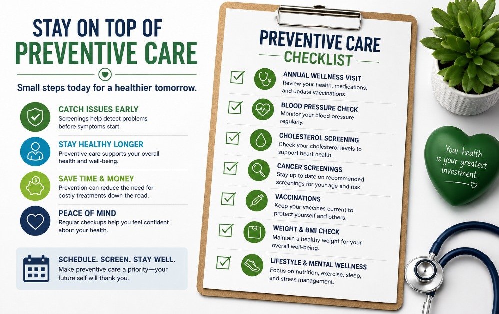 Preventive care checklist concept with focus on staying proactive with health screenings and routine wellness checks