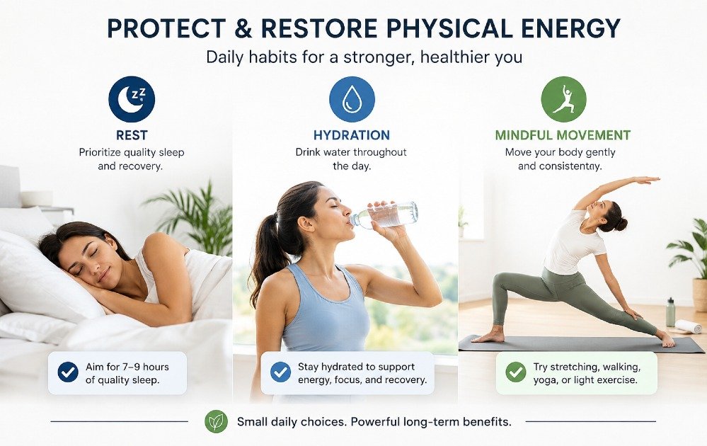 Person practicing daily habits to protect and restore physical energy, including rest, hydration, and mindful movement.