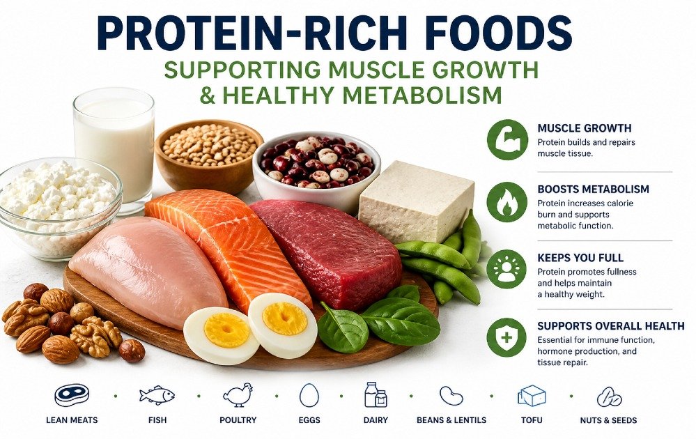 Protein-rich foods supporting muscle growth and healthy metabolism function