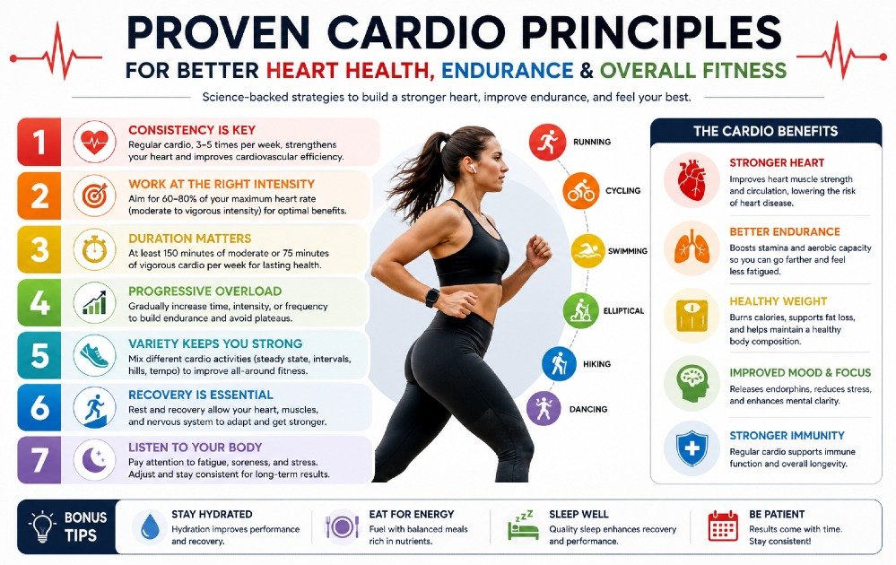 Infographic showing proven cardio principles for better heart health, endurance, and overall fitness improvement.