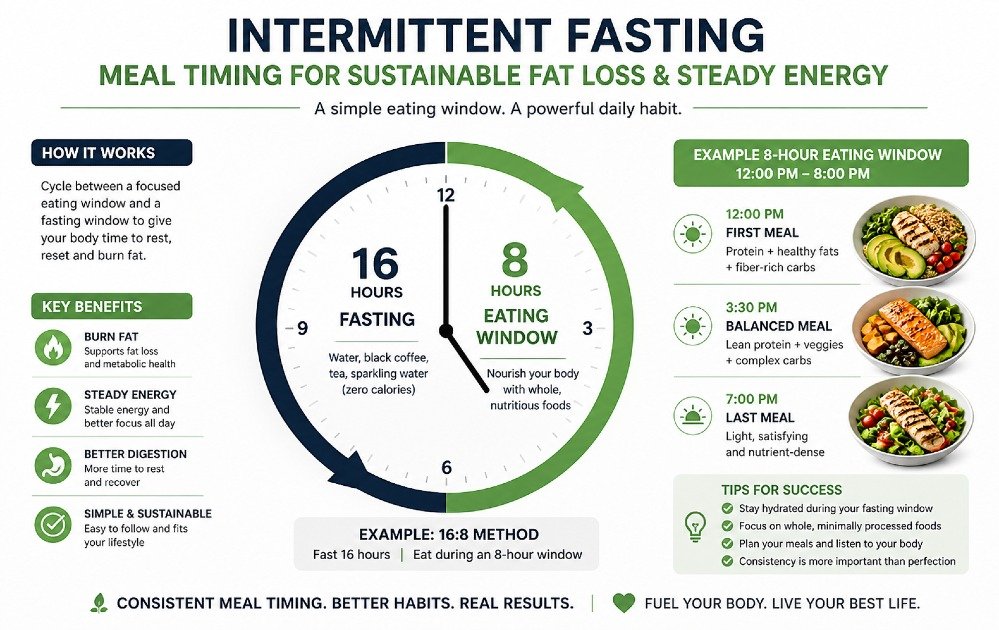 Intermittent fasting meal timing concept showing structured eating window for sustainable fat loss and steady energy