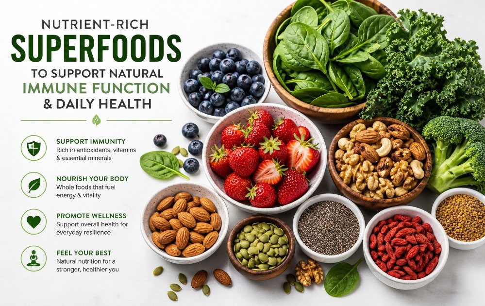 Nutrient-rich superfoods such as berries, leafy greens, nuts, and seeds arranged to support natural immune function and daily health.