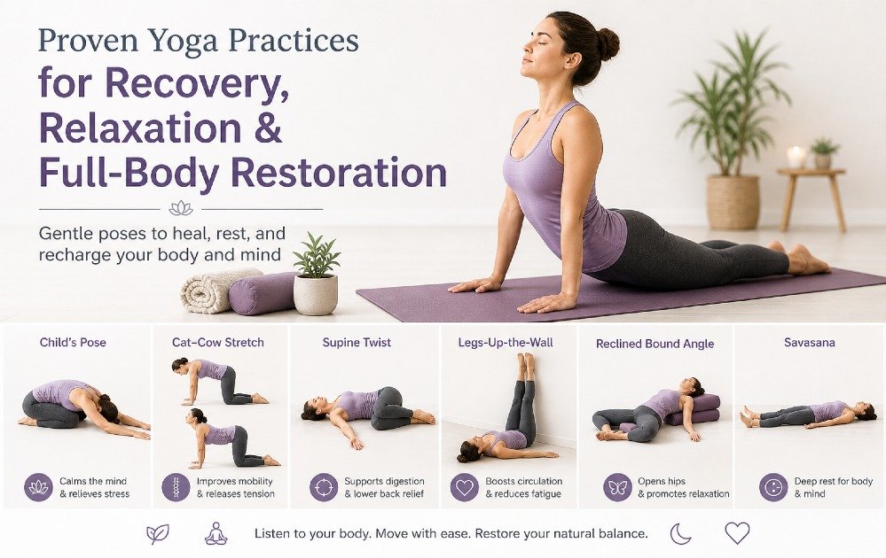 Person practicing gentle yoga poses for recovery, relaxation, and full-body restoration.