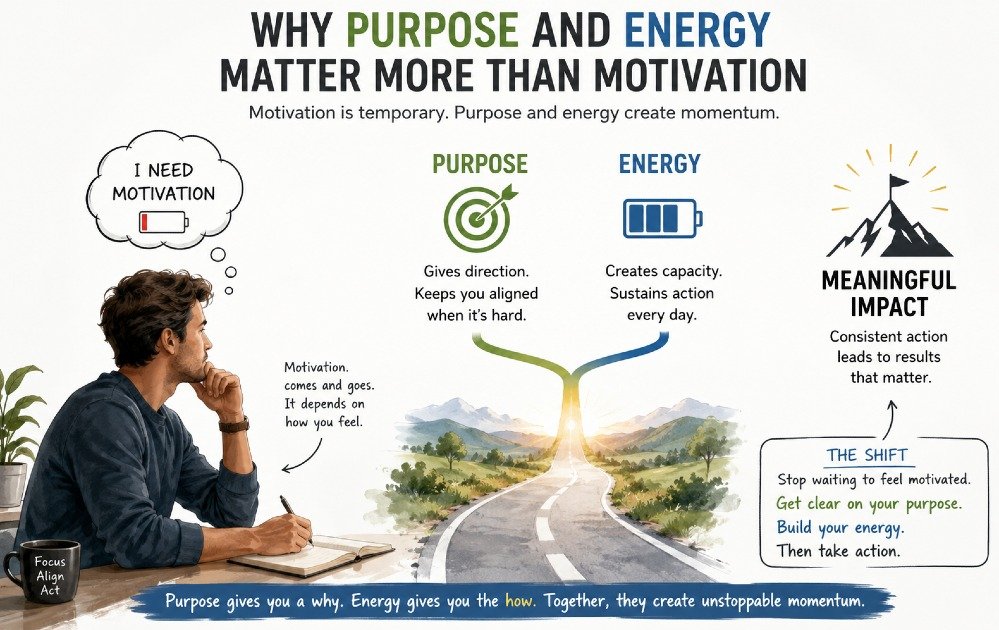 Person reflecting on purpose and energy as the real drivers of action beyond motivation