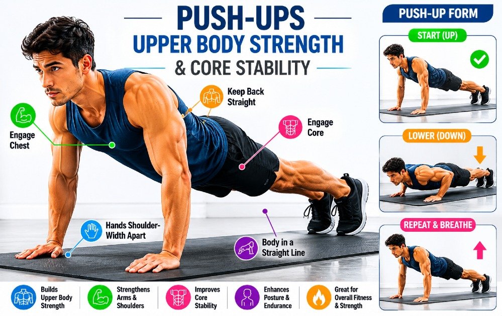 Person performing proper push-ups with correct form for upper body strength and core stability.