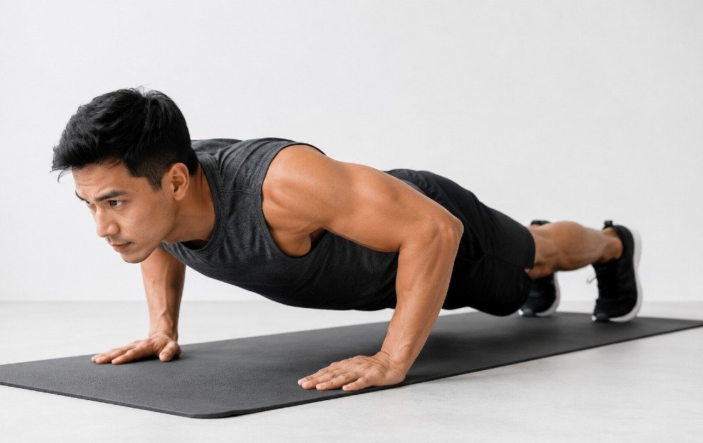 Person performing push-ups on a mat, demonstrating upper body strength training without equipment.