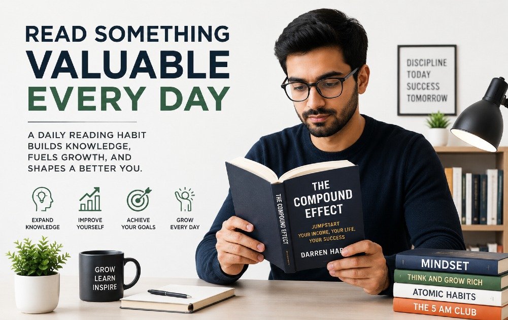 Person reading a valuable book or article daily to build knowledge and improve personal growth.
