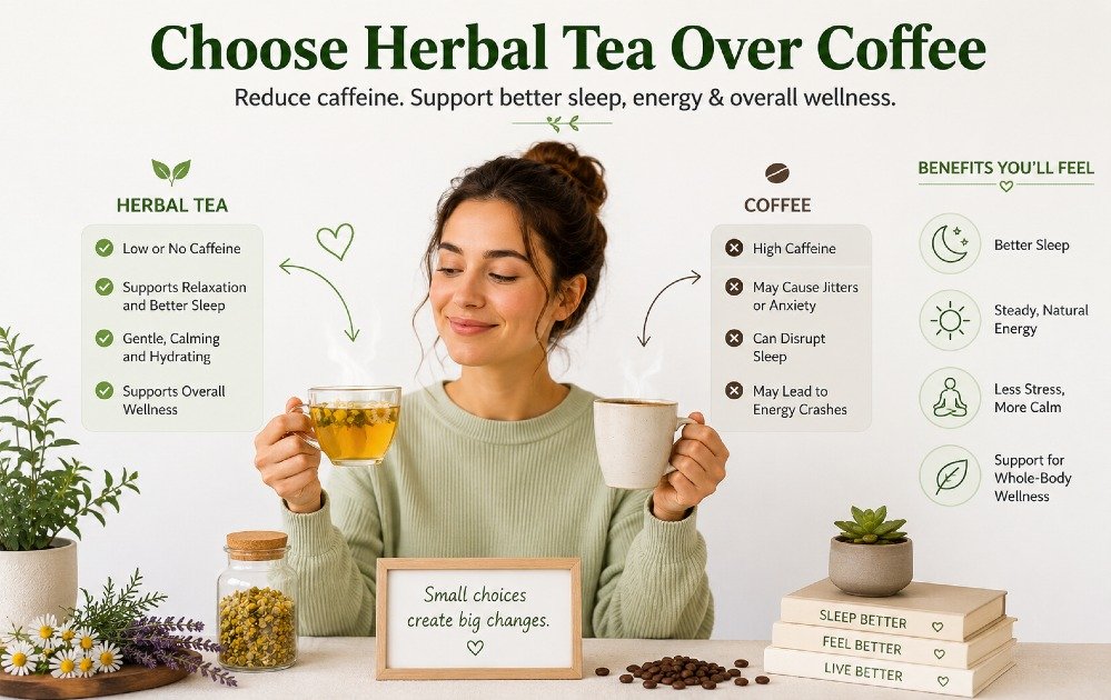 Person choosing herbal tea over coffee to reduce caffeine intake and support better sleep, energy, and overall wellness.