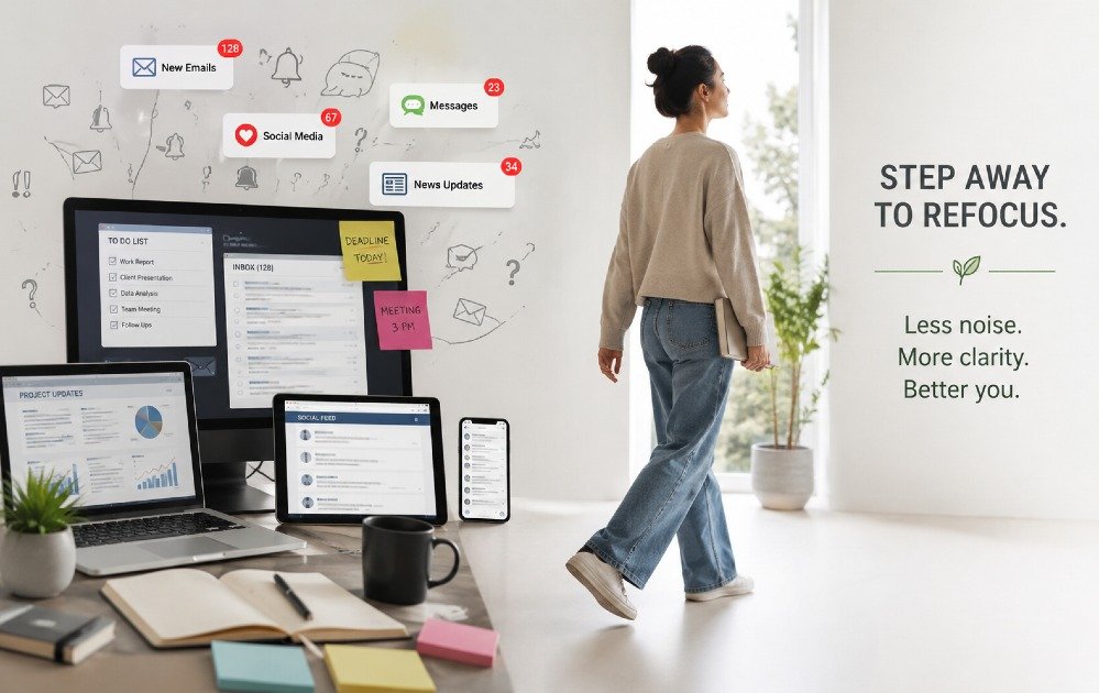 Person reducing digital overload by stepping away from multiple screens to restore focus and mental clarity.