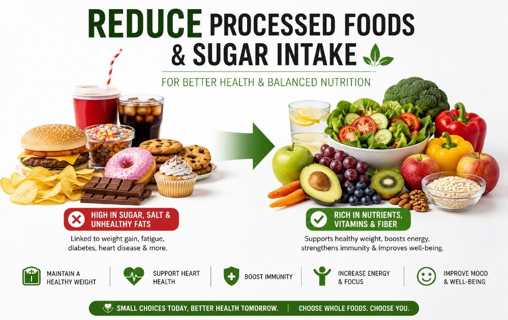 Reduce processed foods and sugar intake for better health and balanced nutrition