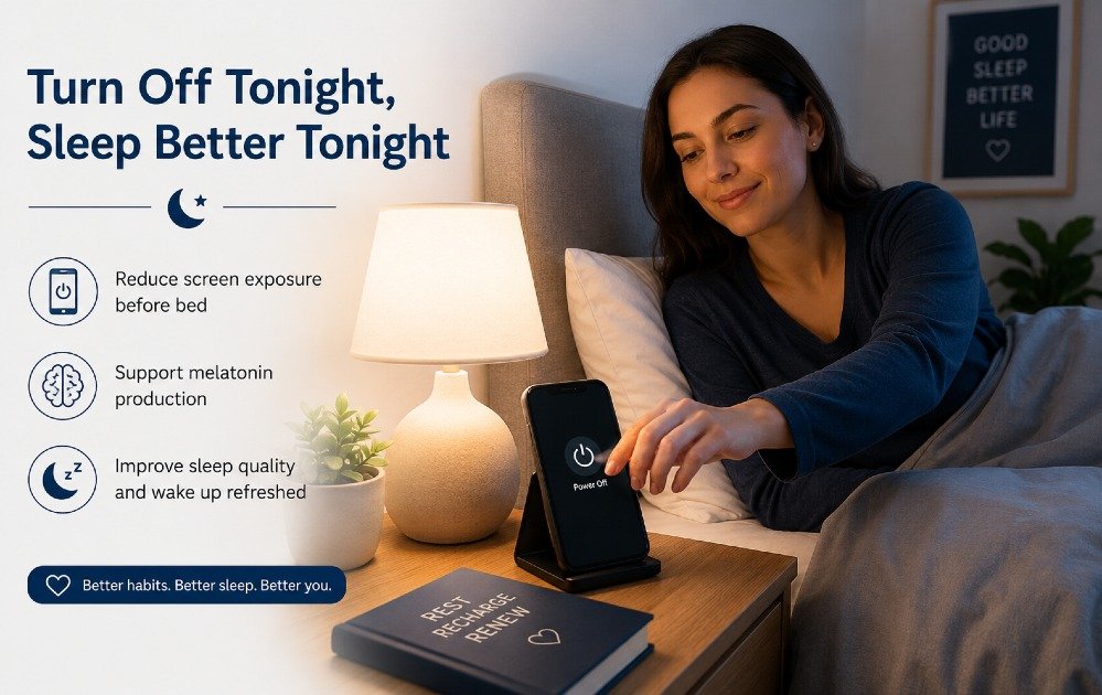 Person turning off phone at night to reduce screen exposure before bed and support better sleep.