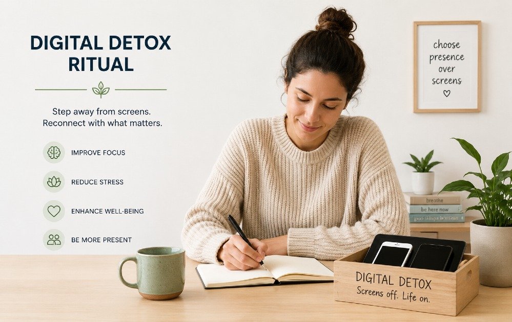 Person practicing a digital detox ritual by stepping away from screens to reduce screen time and improve focus and well-being.