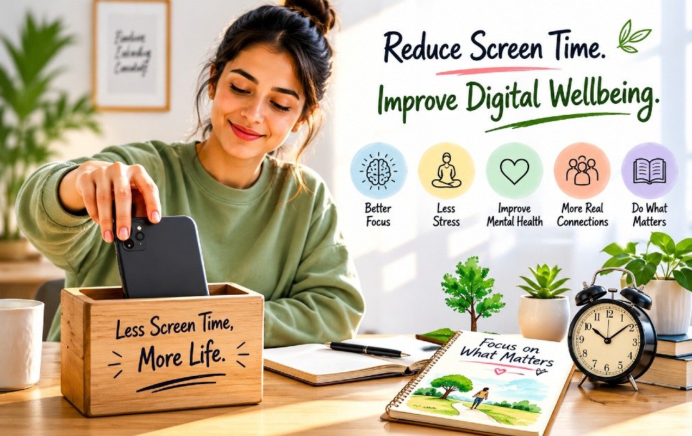 Person setting phone aside to reduce screen time and improve digital wellbeing