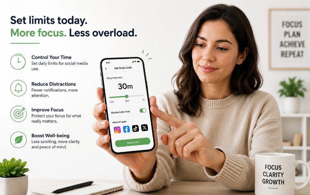 Person setting limits on social media use on phone to reduce digital overload and improve focus.