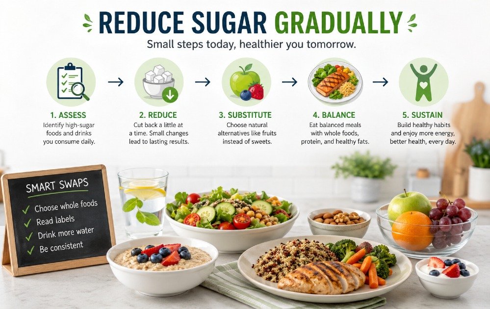 Gradually reducing sugar intake with balanced, healthy food choices on a clean kitchen table.
