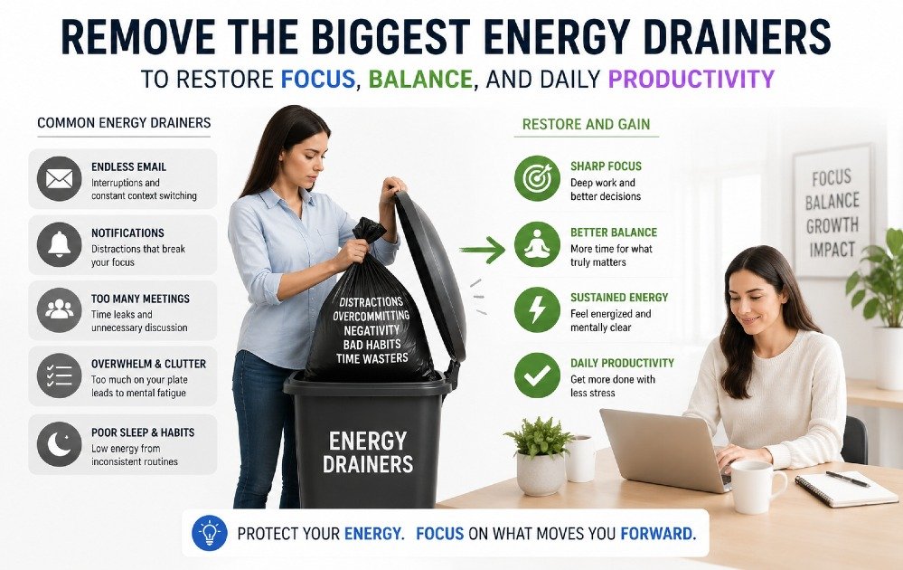 Person eliminating common energy drainers to restore focus, balance, and daily productivity