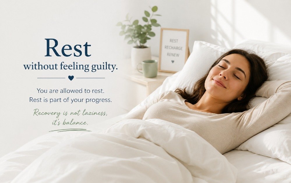 Person resting peacefully, lying down with calm expression, symbolizing guilt-free rest and recovery.