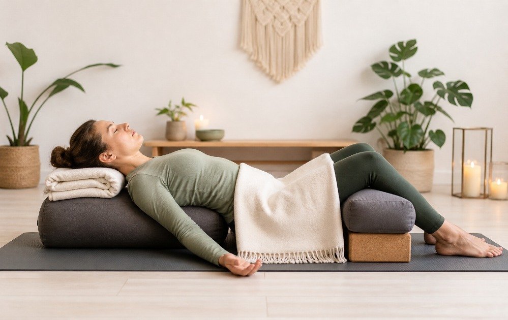 Person practicing restorative yoga in a calm space, using props to support deep relaxation and recovery