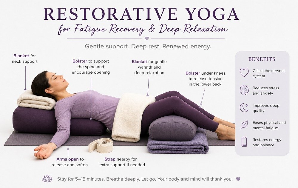 Restorative yoga pose with supportive props promoting deep relaxation and fatigue recovery.