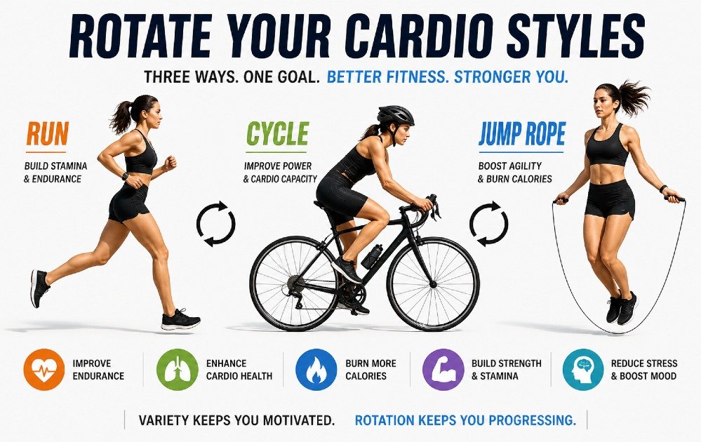 Person switching between running, cycling, and jump rope workouts to demonstrate varied cardio training for better fitness results.
