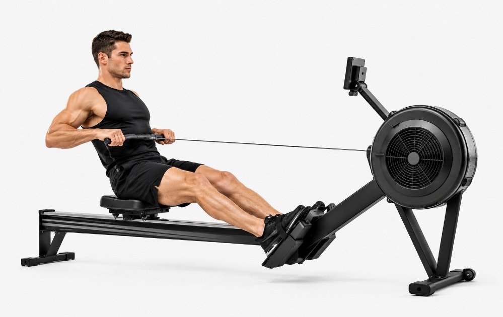 Athlete performing rowing exercise on a rowing machine for full-body cardio and endurance training.