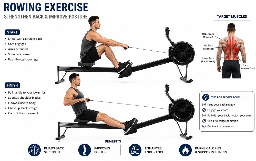 Athlete performing rowing exercise to strengthen back and improve posture
