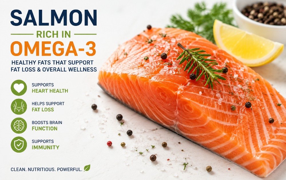 Fresh salmon fillet rich in healthy omega-3 fats that support fat loss and overall wellness