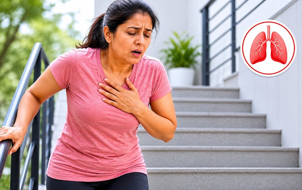 Person experiencing shortness of breath during light physical activity such as walking or climbing stairs.