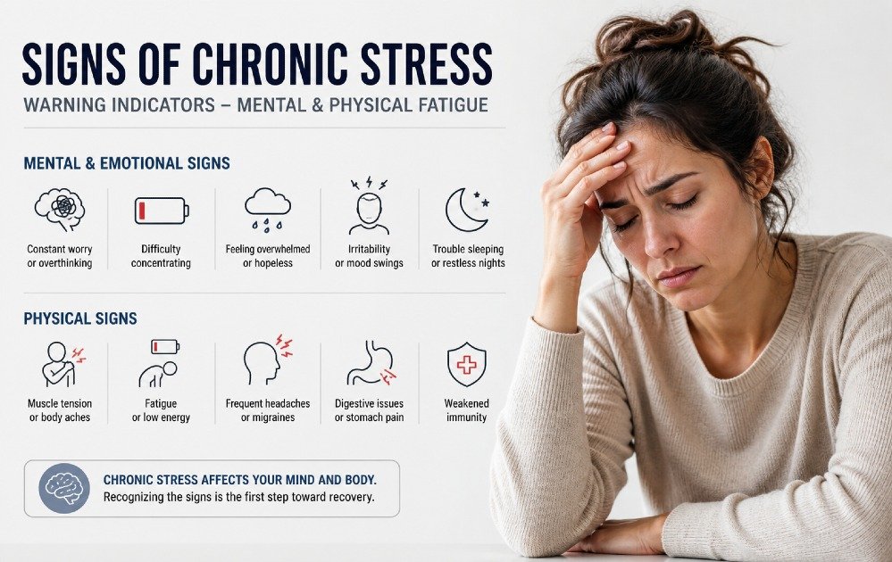 Person showing visible signs of chronic stress, including fatigue, tension, and mental exhaustion in a calm, neutral setting.