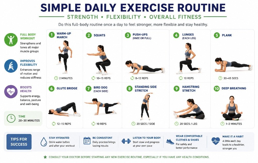 Simple daily exercise routine demonstrating easy full-body movements for strength, flexibility, and overall fitness