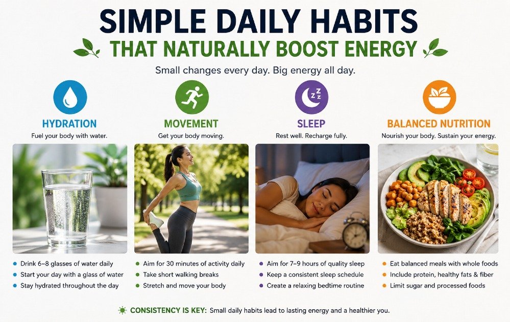 Simple daily habits that naturally boost energy levels, including hydration, movement, sleep, and balanced nutrition.